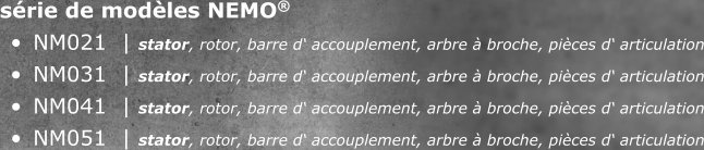 série de modèles NEMO® •	NM021  | stator, rotor, barre d‘ accouplement, arbre à broche, pièces d‘ articulation •	NM031  | stator, rotor, barre d‘ accouplement, arbre à broche, pièces d‘ articulation •	NM041  | stator, rotor, barre d‘ accouplement, arbre à broche, pièces d‘ articulation •	NM051  | stator, rotor, barre d‘ accouplement, arbre à broche, pièces d‘ articulation